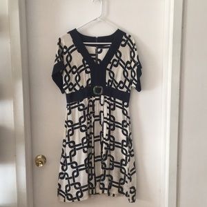 100% Silk Ivory and Navy Print Dress